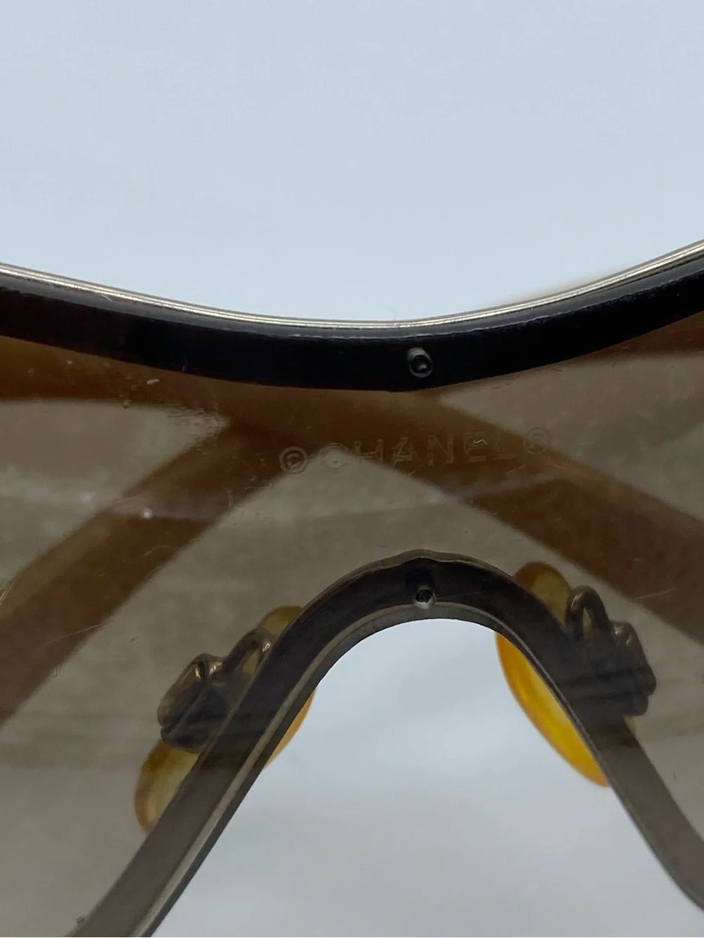 CHANEL Brown Gradient Shield Sunglasses with Gold Camellia Accents